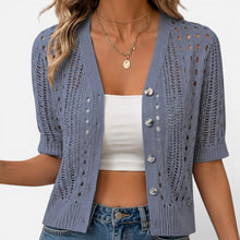 Strickjacke Lochmuster V Ausschnitt Kurzarm Knopfleiste in Grau