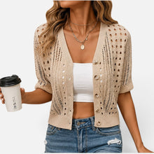 Strickjacke Lochmuster V Ausschnitt Kurzarm Knopfleiste in Beige