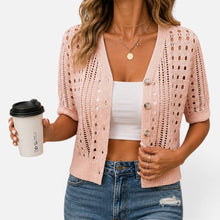 Strickjacke Lochmuster V Ausschnitt Kurzarm Knopfleiste in Rosa