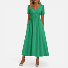 Hilde | Damen Midikleid V-Ausschnitt Taillenfalten – Sommerkleid Midi Elegant 2026 in Grün