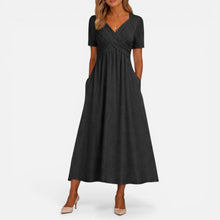 Hilde | Damen Midikleid V-Ausschnitt Taillenfalten – Sommerkleid Midi Elegant 2026 in Schwarz