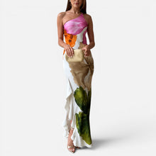 Damen Maxikleid asymmetrisch mit Blumenmuster in Rosa