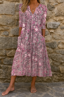 Nadja - Bedrucktes Midikleid mit V-Ausschnitt in Rosa
