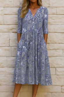 Nadja - Bedrucktes Midikleid mit V-Ausschnitt in Blau