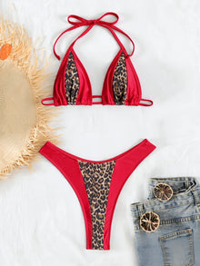 Damen Bikini Set | Leopardenmuster & Colorblock | Triangel-Oberteil | Rot & Leo-Print in Rot
