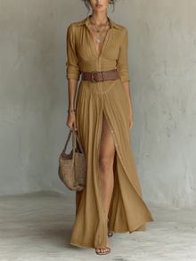 Sewmini - Leinen Maxikleid Mit Reverskragen in Braun