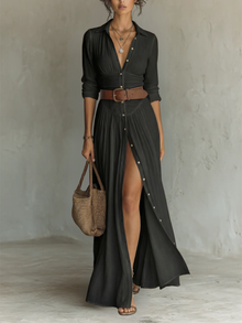 Sewmini - Leinen Maxikleid Mit Reverskragen in Schwarz