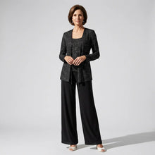 Dreiteiliger Hosenanzug für Damen als Hochzeitsgast mit weiter Hose und Pailletten Spitze in Schwarz