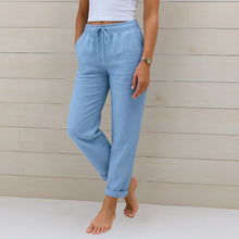 Damen Sommer Kordelzug Leinen Hosen in Blau