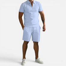 Freizeit Set Poloshirt Shorts Kurzarm Reißverschlusskragen in Blau
