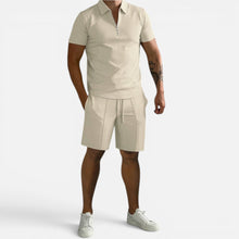 Freizeit Set Poloshirt Shorts Kurzarm Reißverschlusskragen in Beige