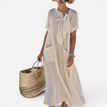 Maxikleid Locker Fallend Kurzarm Schleifenkragen Uni in Beige
