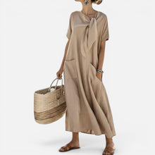 Maxikleid Locker Fallend Kurzarm Schleifenkragen Uni in Khaki