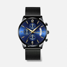 Herren Armbanduhr aus Edelstahl mit Quarzwerk und Datum in Blau Gold