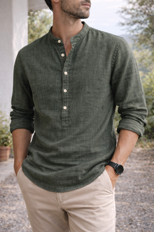 Henley Shirt Herren | Stehkragen & Knopfleiste in Grün