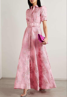 Hochzeitsgast Kleid Damen | Festliches Maxi-Kleid mit Jacquard & Gürtel in Rosa