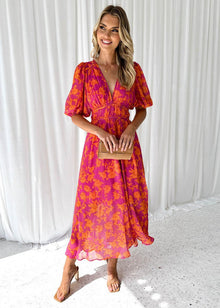 Damen Lässig V-Ausschnitt Blumenmuster Midikleid in Rosa