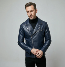 Kurze Biker Jacke für Herren mit gesteppten Ärmeln und asymmetrischem Reißverschluss in Dunkelblau