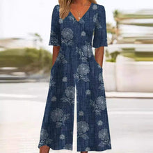 Jumpsuit Damen | Boho Blumenmuster, V-Ausschnitt & weites Bein in Dunkelblau