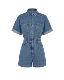 Jumpsuit Damen | Jeans-Overall mit Kragen & Kurzarm in Blau