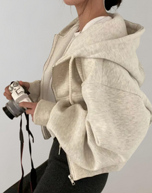 Kapuzenpullover Damen | Cropped & Zweiwege-Zipp in Beige