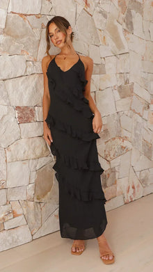 Petra | Damen Maxikleid Halterneck Rüschen – Gestuftes Sommerkleid Offener Rücken 2026 in Schwarz