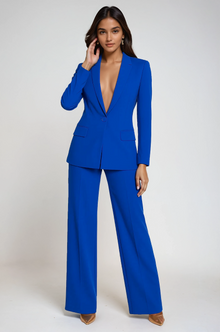 Damen Doppelreihiger Schmaler Business Hosenanzug in Blau