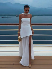 Sabine – Elegantes Maxikleid mit hohem Schlitz für Damen in Weiß