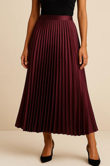 Damen Hoher Taille Plissierter Midirock in Burgund