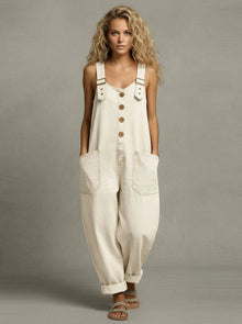 Lejla – Stilvoller Jeans Overall Mit Taschen in Beige
