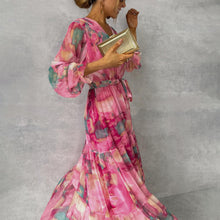 Maxi Kleid Damen | Blumenmuster, V-Ausschnitt & Laternenärmel in Rosa