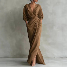 Maxi Kleid Damen | Wickelkleid & V-Ausschnitt – Elegantes Drapierungskleid in Braun