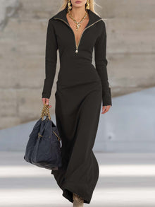 Maxikleid Damen | Figurbetonend mit Zip-Kragen & Langarm in Schwarz