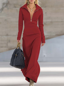 Maxikleid Damen | Figurbetonend mit Zip-Kragen & Langarm in Rot