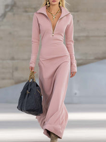 Maxikleid Damen | Figurbetonend mit Zip-Kragen & Langarm in Hellrosa