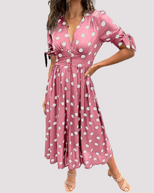 Midi Kleid Damen mit Punktmuster | Tiefer V-Ausschnitt & A-Linie in Rosa