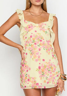Mini Kleid Damen | Rüschenträger & Schleifendetail mit Blumenmuster in Gelb