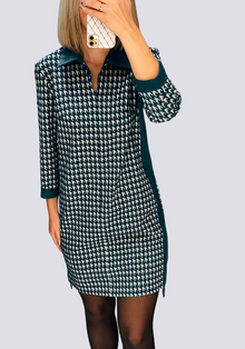 Mini Kleid Damen mit Hahnentrittmuster | Polokragen & Reißverschluss in Grün
