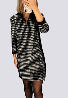 Mini Kleid Damen mit Hahnentrittmuster | Polokragen & Reißverschluss in Schwarz