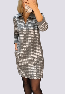 Mini Kleid Damen mit Hahnentrittmuster | Polokragen & Reißverschluss in Grau