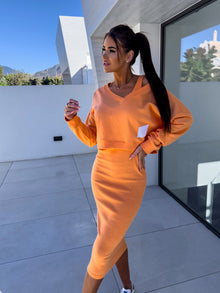 Damen Sommer V-Ausschnitt Zweiteiler Midikleid in Orange