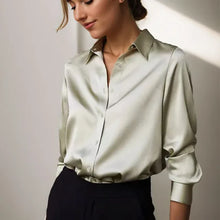 Damen Kragen Knopfleiste Satin Bluse in Grün