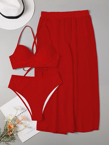 Damen Bikini-Set mit hochgeschnittenem Höschen und luftiger Wickelrock Drune in Rot