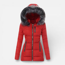 Damen Steppjacke mit Kapuze und Kunstfellkragen in Rot