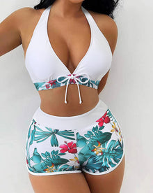 Damen Bikini-Set mit verspieltem Halter-Oberteil und sportlicher Shorts Drune in Bunt