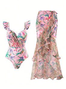 Damen Einteiler Badeanzug mit Rüschendetails und floralem Wickelrock Drune in Rosa
