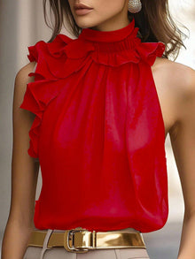 Damen Elegante Bluse mit Rüschendetails und hochgeschlossenem Kragen Drune in Rot
