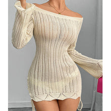 Damen Strickkleid im modernen Off-Shoulder Design mit weiten Ärmeln und Raffungen Drune in Aprikose