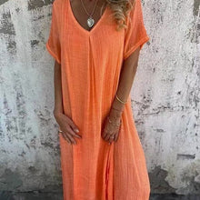 Naduni - Stilvolles Kleid Aus Baumwolle Und Leinen Mit V-Ausschnitt in Orange