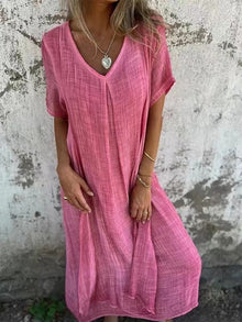 Naduni - Stilvolles Kleid Aus Baumwolle Und Leinen Mit V-Ausschnitt in Rosa